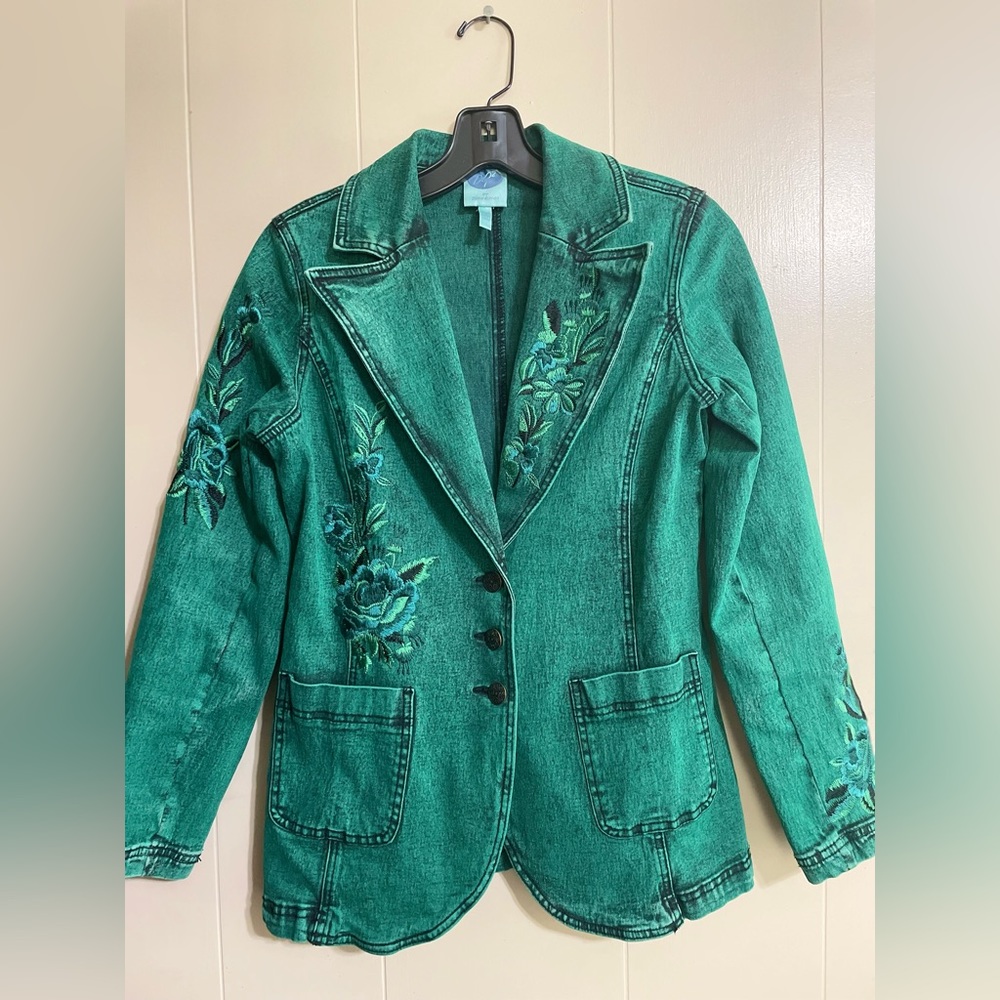 DG2 by Diane Gilman, green-wash denim jacket with flower patchwork details